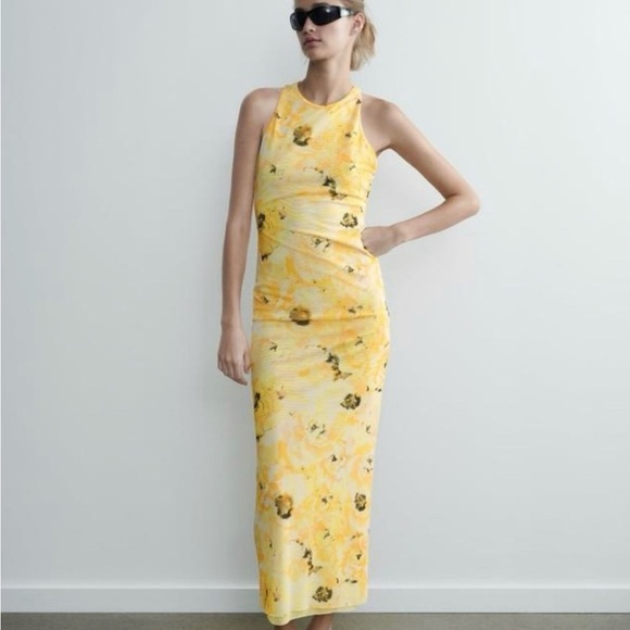 Zara yellow floral mesh criss cross back midi dress BLOGGERS FAVORITE!! NWT - Picture 2 of 7